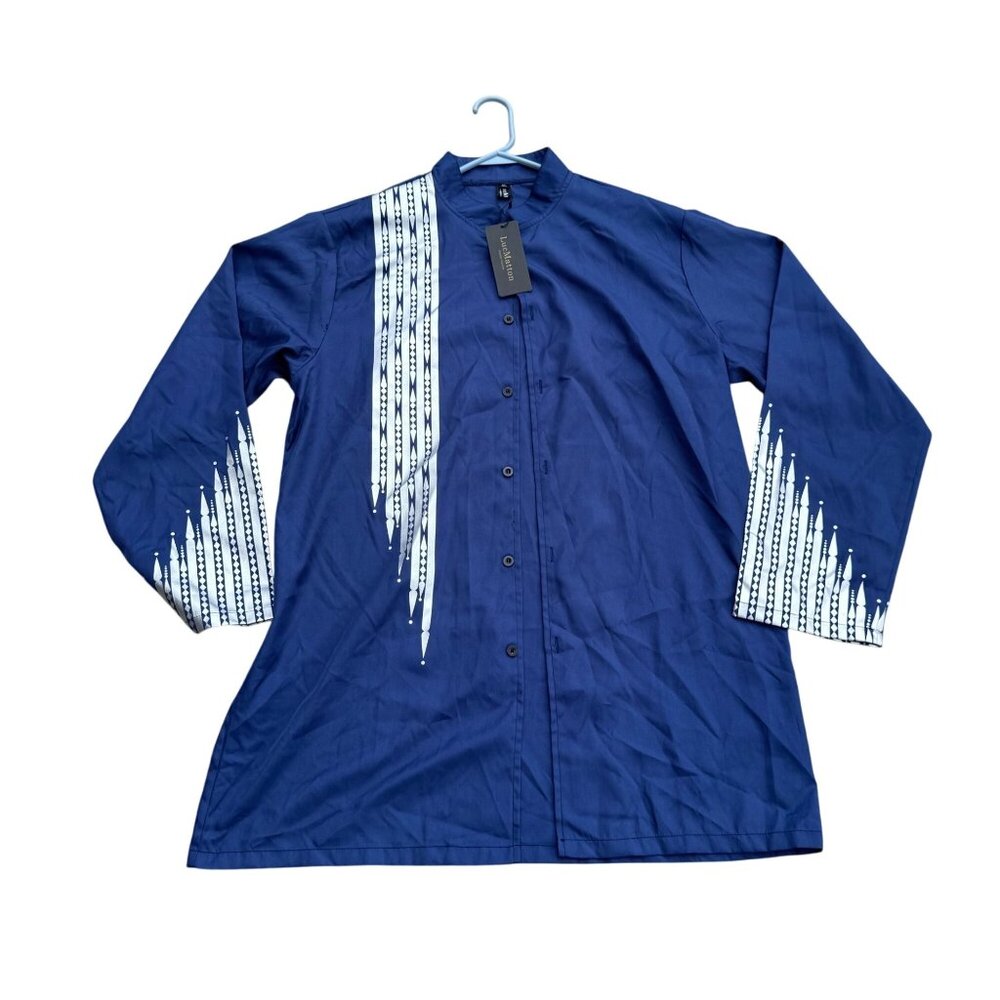 LucMattan Mens Button-Down Shirt Navy Blue XL Cotton Long Sleeve Printed New Wit